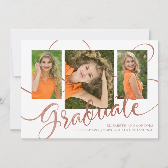 Jubilant Grad Imitate Rose Gold Multi Foto Card Ankündigung (Vorderseite)