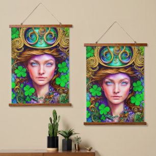 Jubilant Scarlet Frau St. Patrick's Day Artwork Wandteppich Mit Holzrahmen