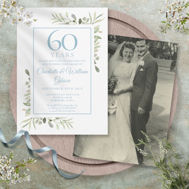 Jubiläum des 60. Jubiläums Foto Greenery Einladung (60th Diamond Wedding Anniversary Photo Greenery Invitation)