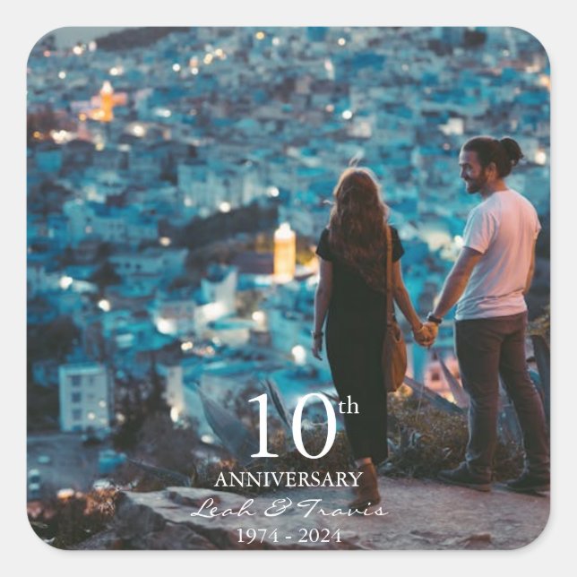 Jubiläum Foto Hochzeit schick weißen Schriftart Quadratischer Aufkleber (Vorderseite)