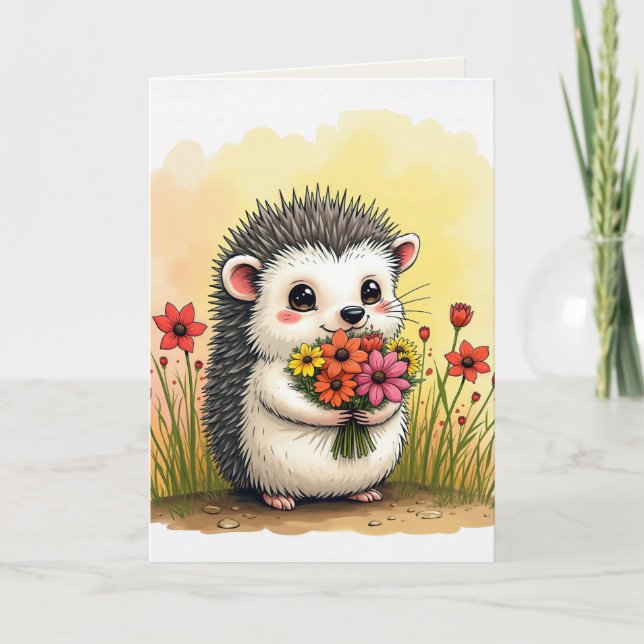 Jubiläum Igel mit Blume Bouquet Karte (Vorderseite)