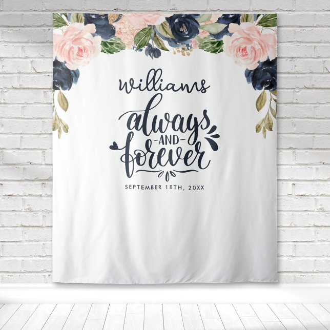 Jubiläum immer und für immer Navy Pink Floral Wandteppich (Always and forever typography for an anniversary party with blush pink & navy blue watercolor floral)