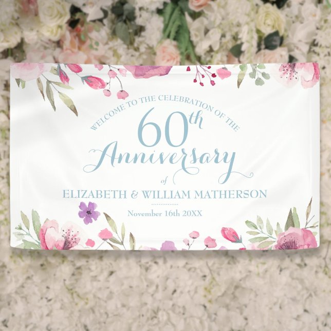 Jubiläum: Rose zum Thema Aquarellfarben - Blumenem Banner (60th Anniversary Watercolor Roses Floral Welcome Banner)