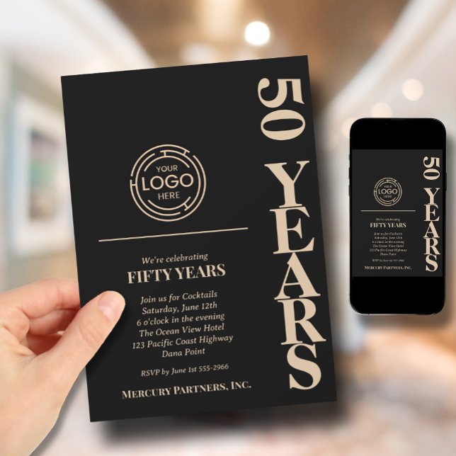 Jubiläum-Schwarz Einladung (Business Logo Anniversary Invitations - black and light gold. Printed and/or Instant Download)