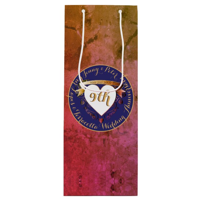 Jubiläum Terracotta & Lapis Geschenktasche Geschenktüte Für Weinflaschen (Vorderseite)