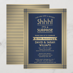 Jubiläum Überraschung Party Shhh! Navy Blue & Gold Einladung