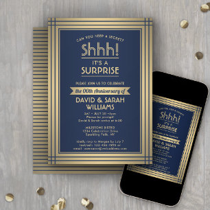 Jubiläum Überraschung Party Shhh! Navy Blue & Gold Einladung