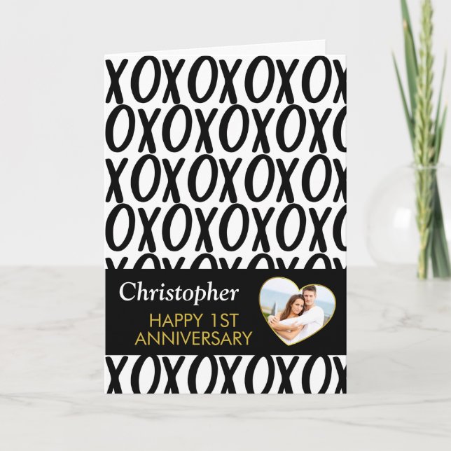 Jubiläum XOXO Hugs Kisses Schwarz-weißes Foto Karte (Vorderseite)