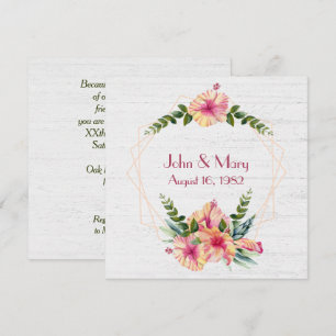 Jubiläums-Hibiskusrahmen auf weiß getünchtem Holz Einladung