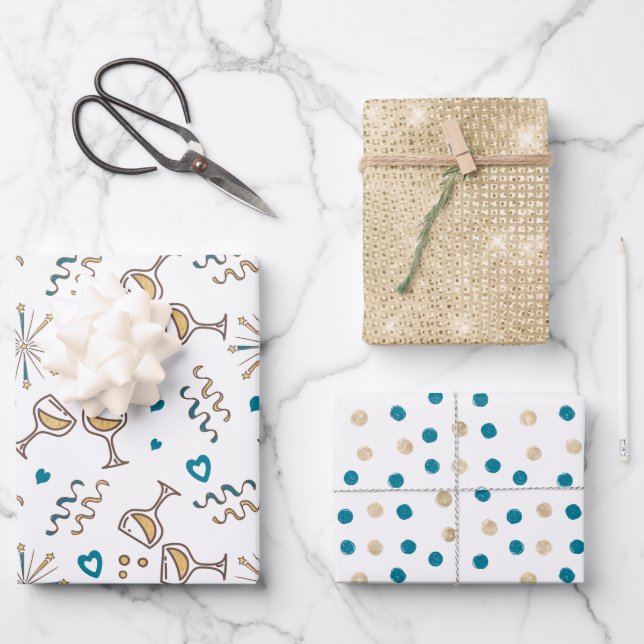 Jubiläumsfeier Muster Blue/Gold ID723 Geschenkpapier Set (Vorderseite)