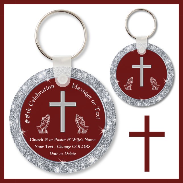 Jubiläumsfeier zum Jubiläum der Gottesdienste Schlüsselanhänger (Church anniversary Ideas. Burgundy and Silver, Church party favors. Cheap church keychains. Cross)