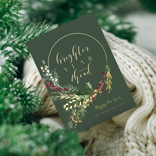 Jubiläumsfeuer Folien Feiertagskarte (Brighter Year Ahead Watercolor Wreath New Year Foil Holiday Card)
