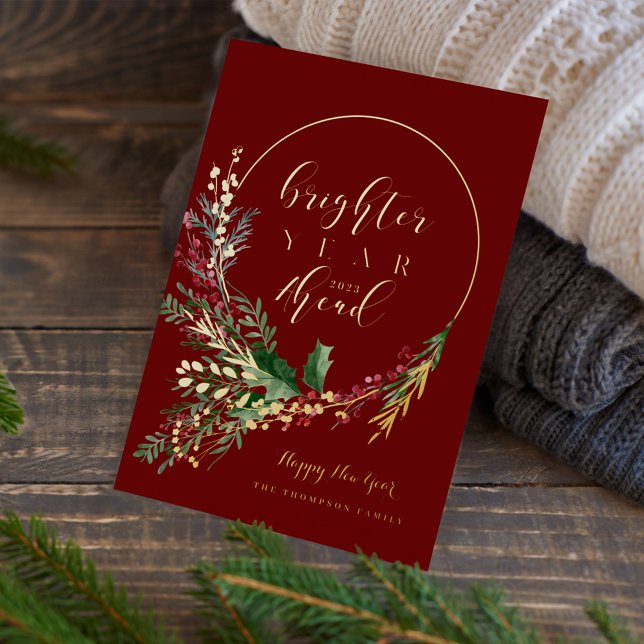 Jubiläumsfeuer Folien Feiertagskarte (Brighter Year Ahead Watercolor Wreath New Year Foil Holiday Card)