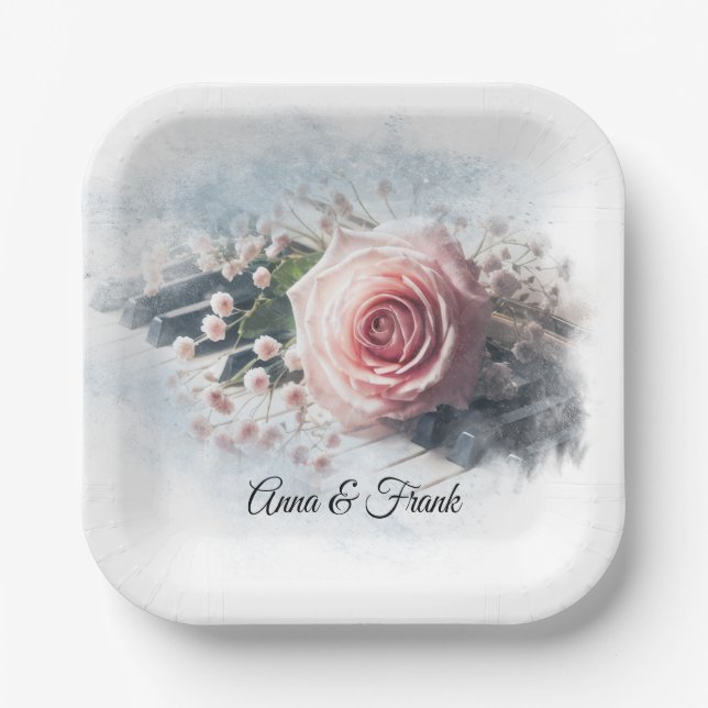 Jubiläumsrose auf Klaviertasten Pappteller (Vorderseite)