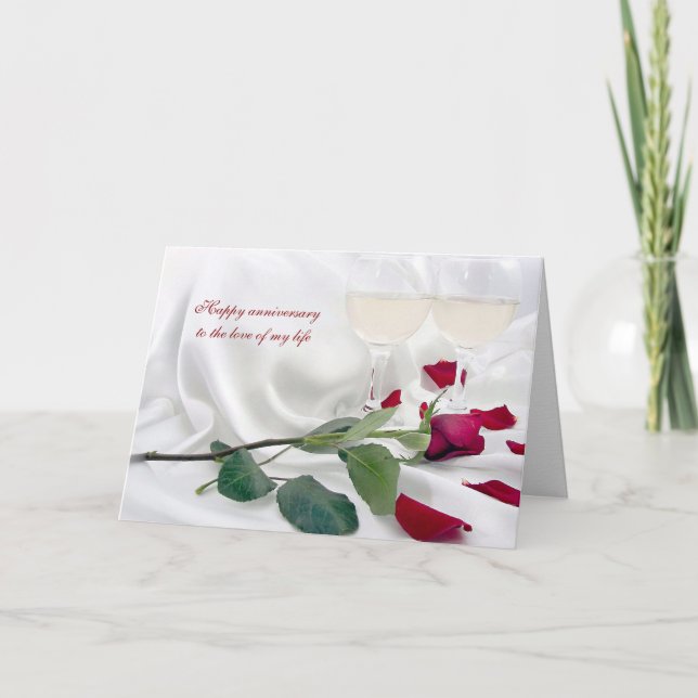 Jubiläumswein und Rose über Satin Karte (Vorderseite)