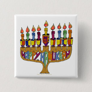 Judaica Frohes Chanukka Dreidel Menora Button