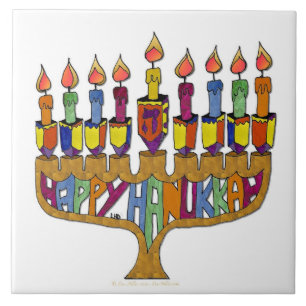 Judaica Frohes Chanukka Dreidel Menora Fliese