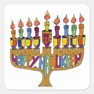 Judaica Frohes Chanukka Dreidel Menora Quadratischer Aufkleber