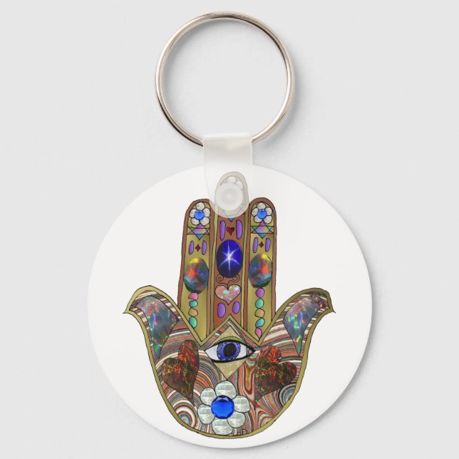 Judaica Hamsa Hearts Flowers Opal Art Print Schlüsselanhänger (Vorderseite)