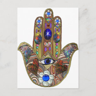 Judaica Hamsa Herzen Blumen Opal Kunst Druck Postkarte