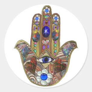 Judaica Hamsa Herzen Blumen Opal Kunst Druck Runder Aufkleber