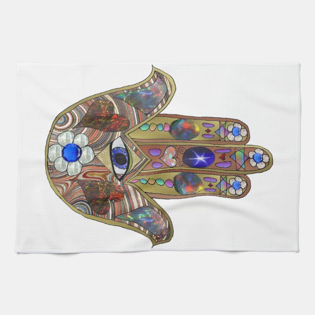Judaika Hamsa Hört Blume Opal Art Print Geschirrtuch (Horizontal)