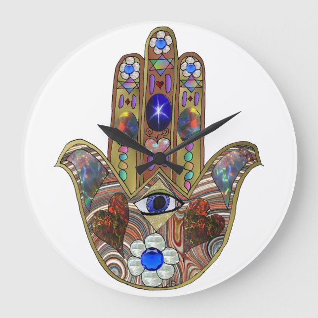Judaika Hamsa Hört Blume Opal Art Print Große Wanduhr (Vorderseite)