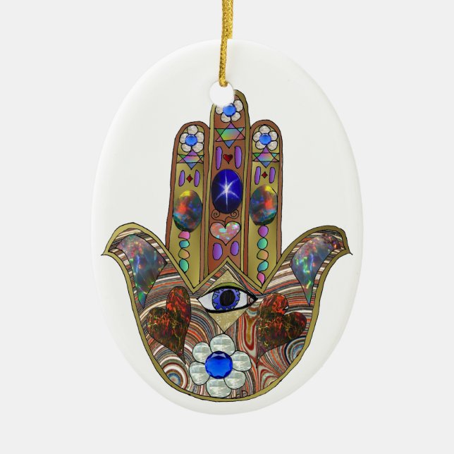 Judaika Hamsa Hört Blume Opal Art Print Keramik Ornament (Vorne)