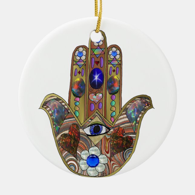 Judaika Hamsa Hört Blume Opal Art Print Keramikornament (Vorne)