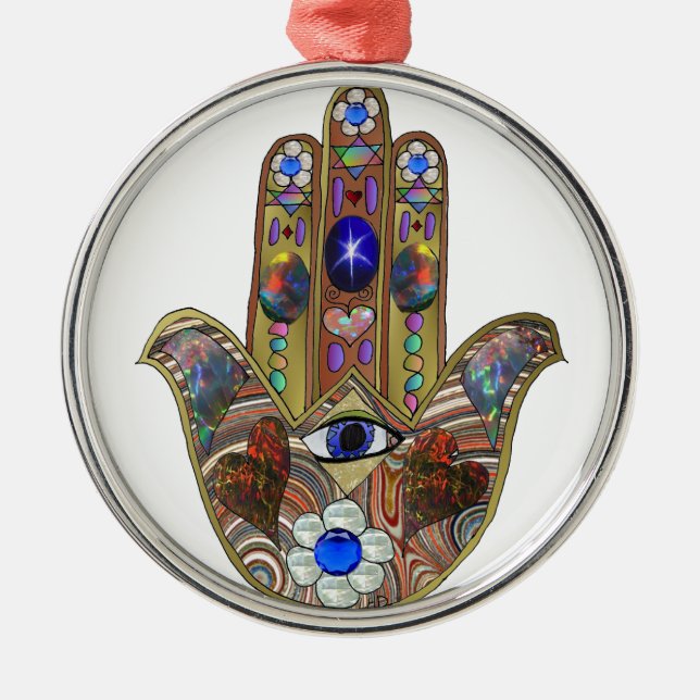 Judaika Hamsa Hört Blume Opal Art Print Ornament Aus Metall (Vorne)