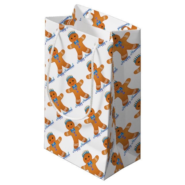 Judaika Hanukkah Gingerbread Man Menorah Kleine Geschenktüte (Vorderseite Schrägansicht)
