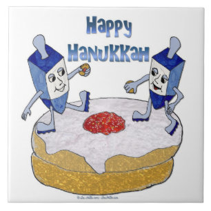 Judaika Happy Hanukkah Dancing Dreidels Doughnut Fliese