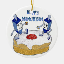 Judaika Happy Hanukkah Dancing Dreidels Doughnut Keramikornament