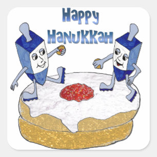 Judaika Happy Hanukkah Dancing Dreidels Doughnut Quadratischer Aufkleber