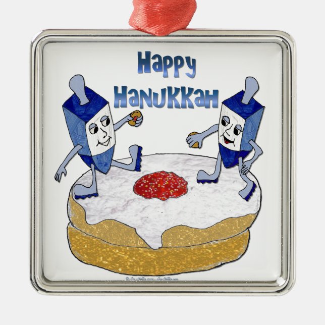 Judaika Happy Hanukkah Dancing Dreidels Doughnut Silbernes Ornament (Vorne)