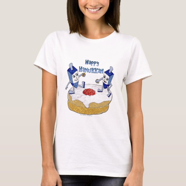 Judaika Happy Hanukkah Dancing Dreidels Doughnut T-Shirt (Vorderseite)