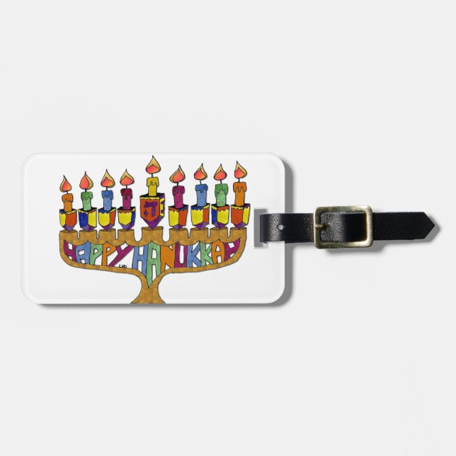 Judaika Happy Hanukkah Dreidel Menorah Gepäckanhänger (Vorderseite horizontal)