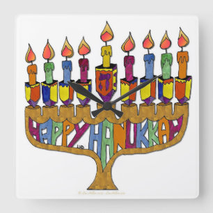 Judaika Happy Hanukkah Dreidel Menorah Quadratische Wanduhr