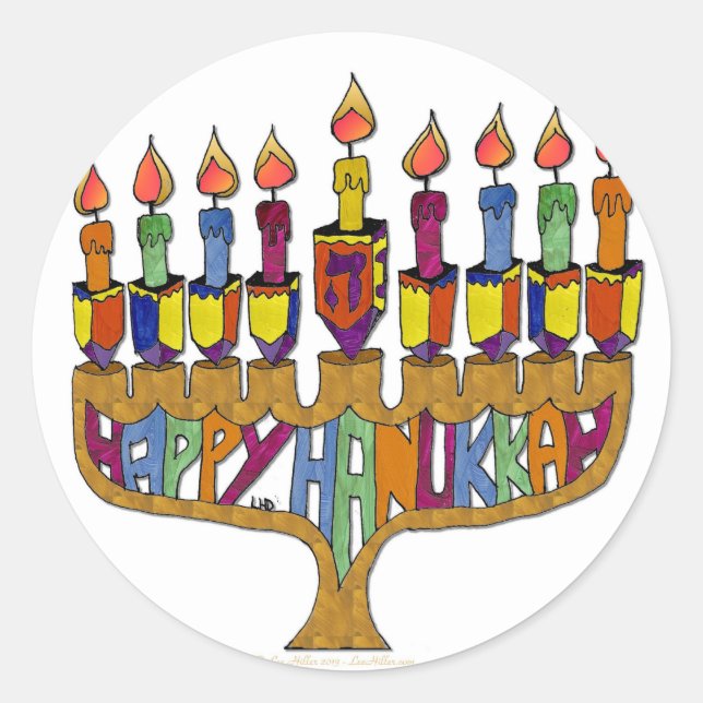 Judaika Happy Hanukkah Dreidel Menorah Runder Aufkleber (Vorderseite)