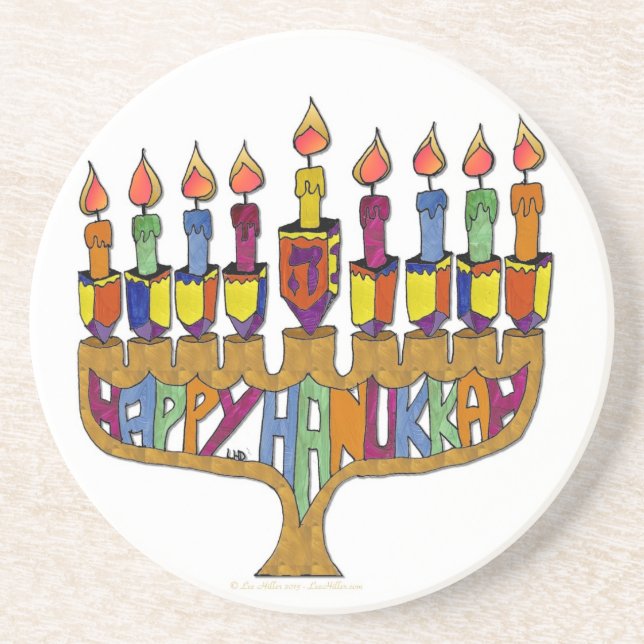 Judaika Happy Hanukkah Dreidel Menorah Sandstein Untersetzer (Vorne)