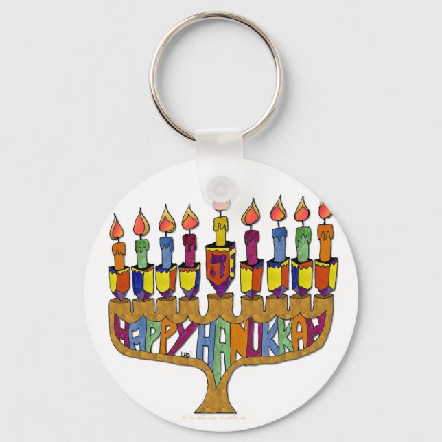 Judaika Happy Hanukkah Dreidel Menorah Schlüsselanhänger (Vorderseite)