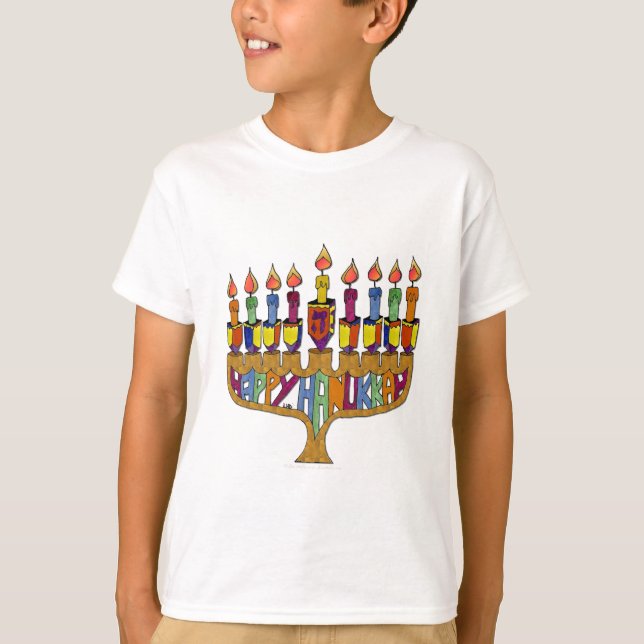 Judaika Happy Hanukkah Dreidel Menorah T-Shirt (Vorderseite)