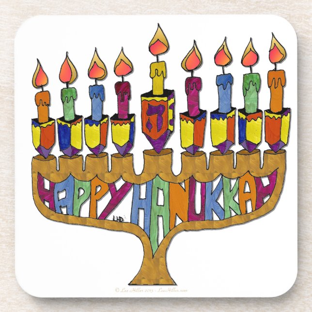 Judaika Happy Hanukkah Dreidel Menorah Untersetzer (Vorderseite)