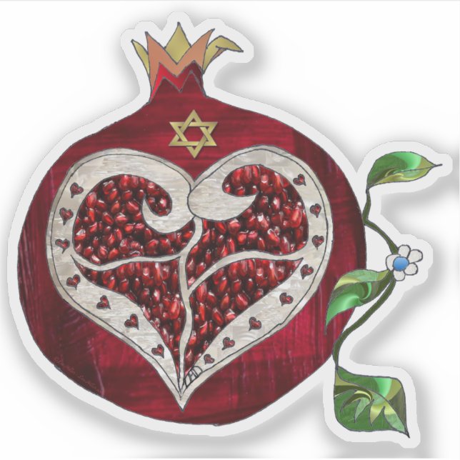 Judaika Pomegranate Heart Hanukkah Rosh Hashanah Aufkleber (Vorderseite)