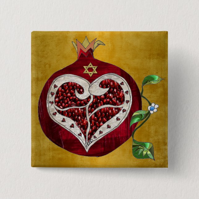 Judaika Pomegranate Heart Hanukkah Rosh Hashanah Button (Vorderseite)