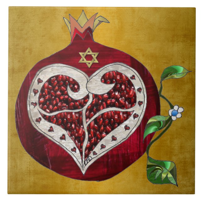 Judaika Pomegranate Heart Hanukkah Rosh Hashanah Fliese (Vorderseite)