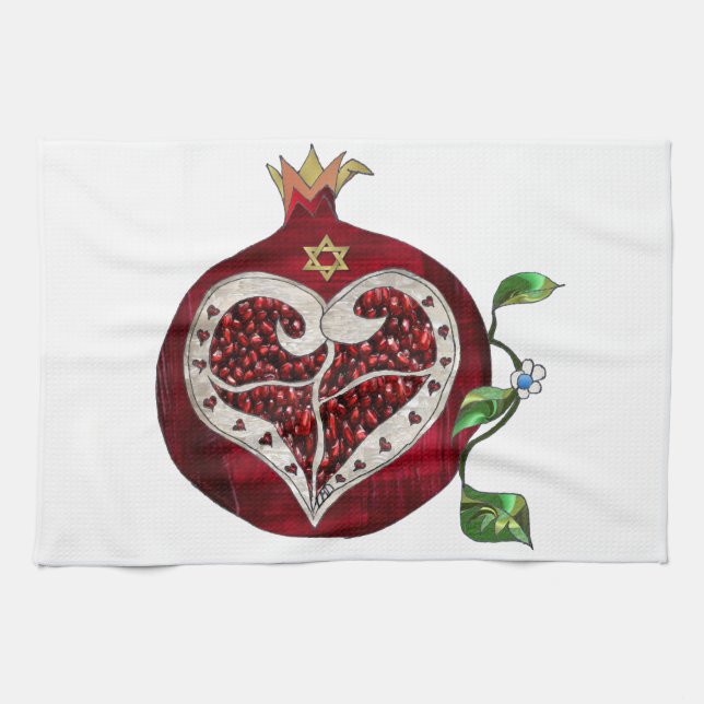 Judaika Pomegranate Heart Hanukkah Rosh Hashanah Geschirrtuch (Horizontal)