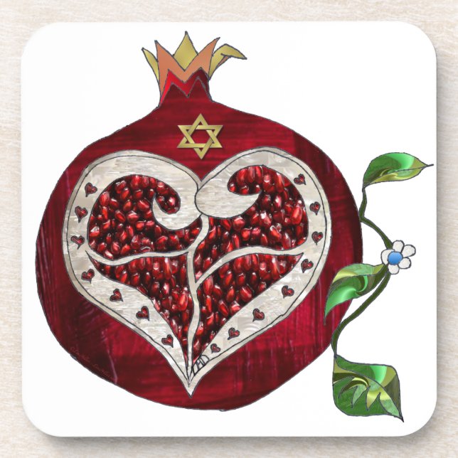 Judaika Pomegranate Heart Hanukkah Rosh Hashanah Getränkeuntersetzer (Vorderseite)