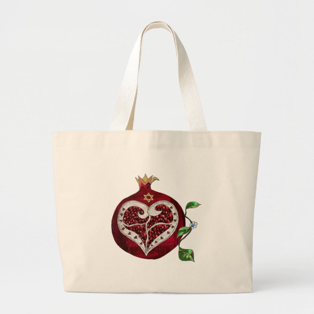 Judaika Pomegranate Heart Hanukkah Rosh Hashanah Jumbo Stoffbeutel (Vorne)