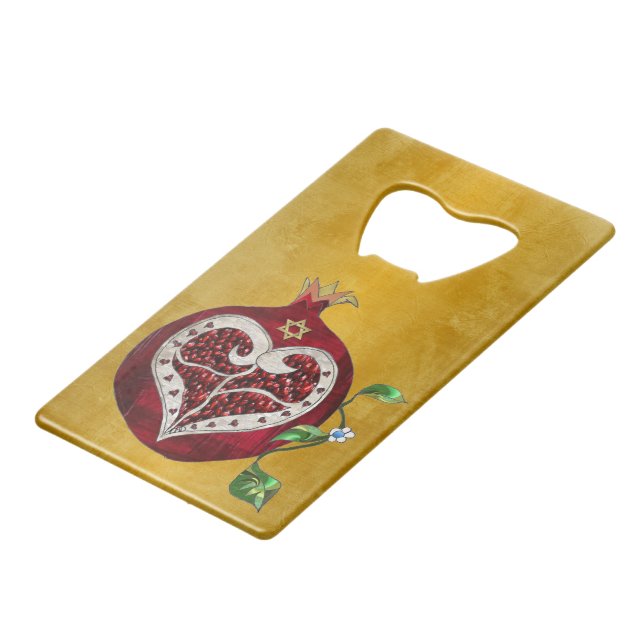 Judaika Pomegranate Heart Hanukkah Rosh Hashanah Kreditkartenflaschenöffner (Vorderseite Schrägansicht)